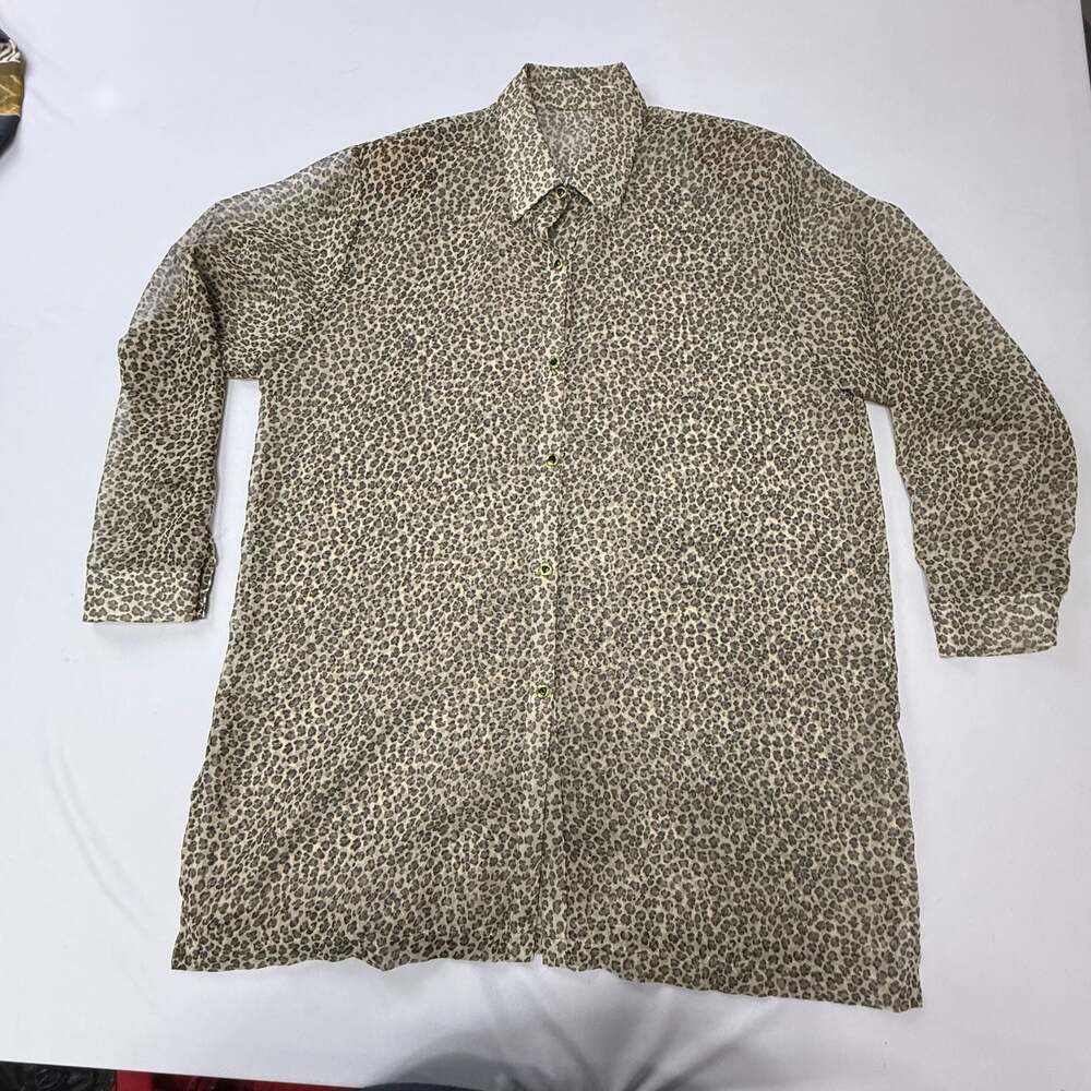 Sheer Leopard Print Metallic Gold Fleck Button Down Tunic Shirt Size Large